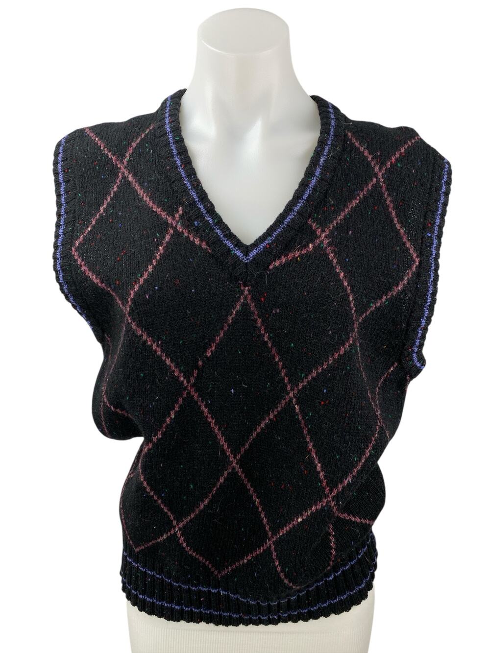 Colours 100% Wool Women's Black Argyle Sleeveless V Neck Sweater Vest Top Size M